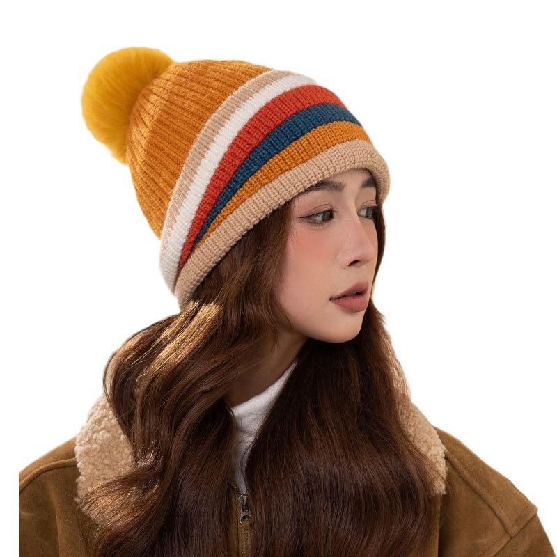 Rainbow Mixed Color Knitted Warm Hat Women's Fleece Warm Ear Protector Hairball Hat Dopamine Face Small Wool Hat