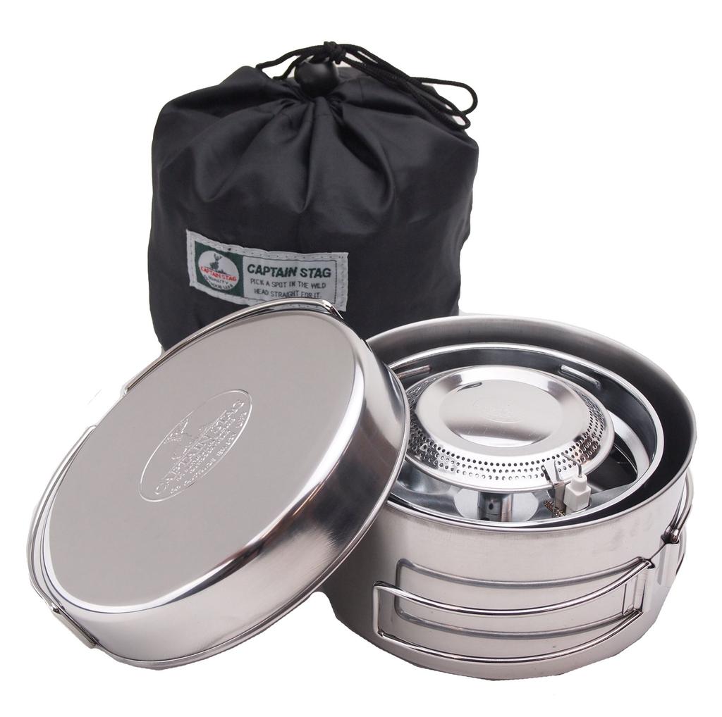 Kuchenka turystyczna Captain Stag mała gazowa z zapalnikiem piezoelektrycznym i zestaw naczyń kuchennych z torbą, M-7903