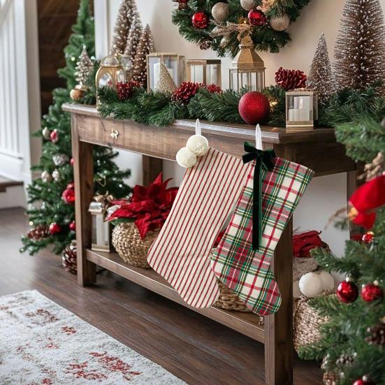 Christmas Stockings with Hanger Bowknot Plush Balls Decor Striped Print Candy Holder Festive Tree Decoration