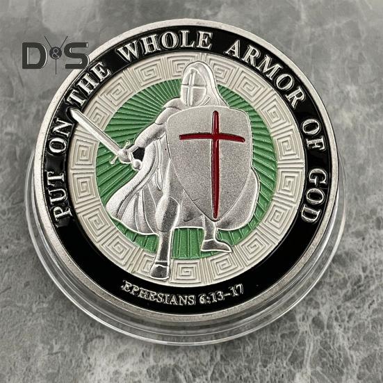 Münze „Rüstung Gottes“, Metall-Souvenirmünze mit 4 cm Durchmesser, „Legen Sie die ganze Rüstung Gottes an“, doppelseitige Herausforderungsmünze für gepanzerte Soldaten für die Militärkirche