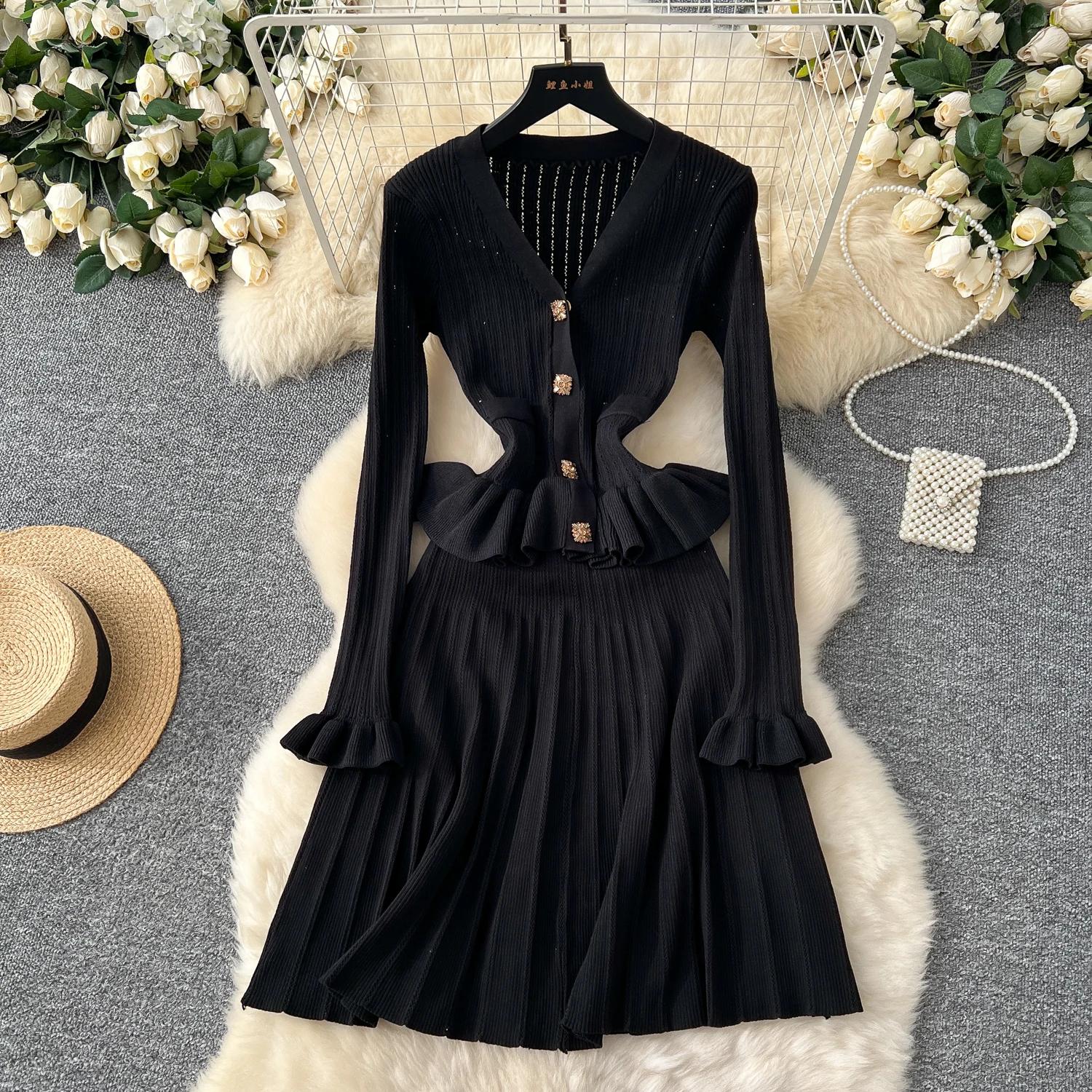 

Элегантный вязаный свитер с оборками, винтажный шик, V-образный вырез, длинные рукава, облегающие платья, французская офисная леди, уличная одежда на осень и зиму One Size чёрный