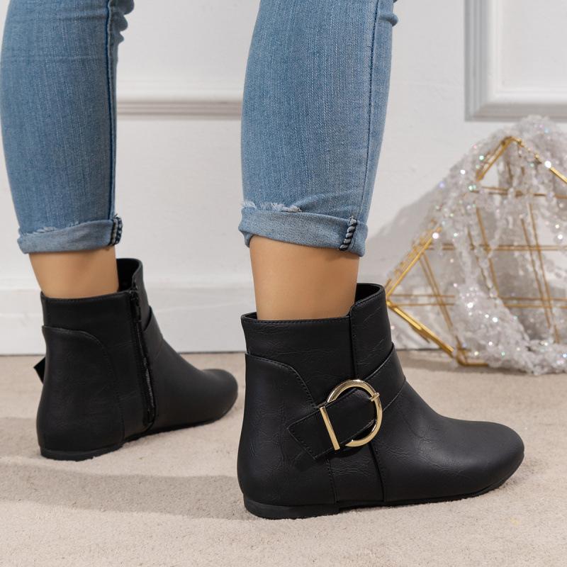 Autumn new large buckle side zipper flat bottom low top European and American versatile women's boots fashionable and comfortable short boots