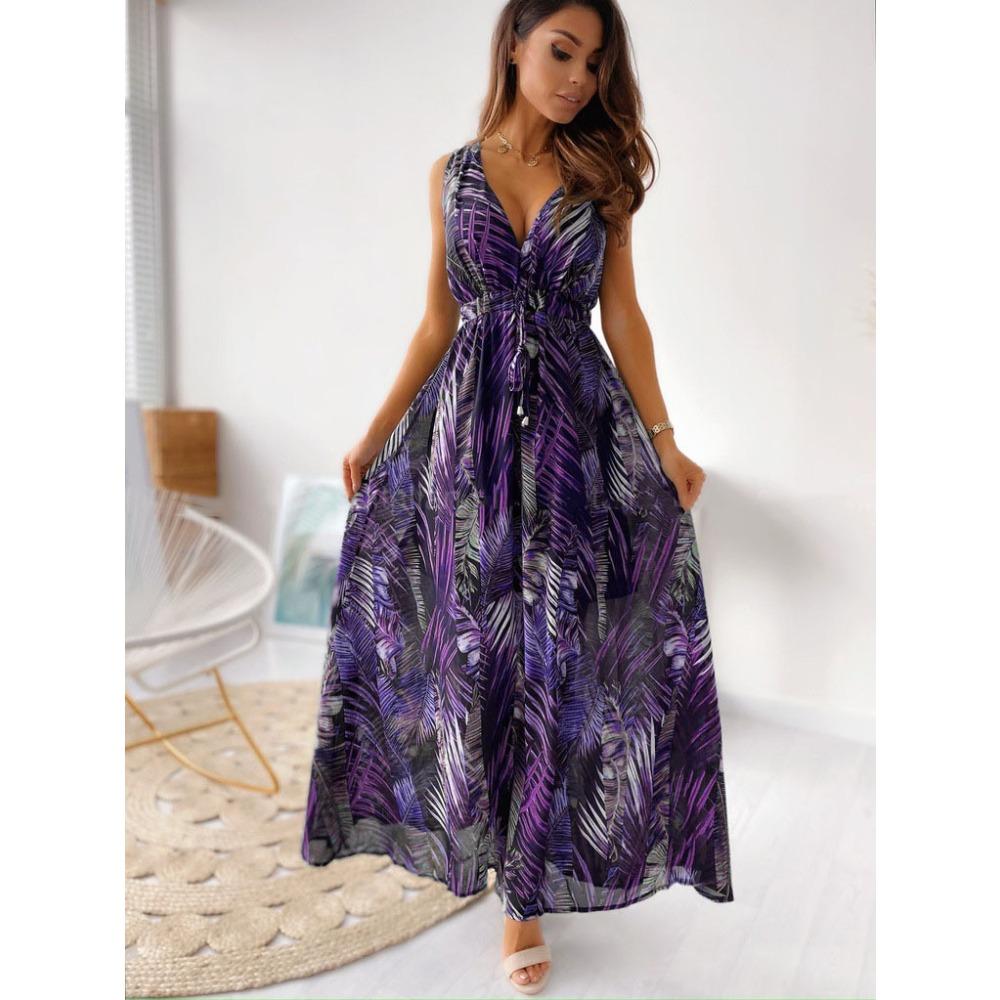 Women's V Neck Sleeveless Tropical Print Maxi Dress High Waist A Line Casual Beach Dress
