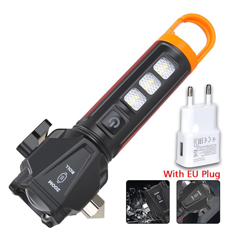 Super Bright LED Flashlight USB Rechargeable Torch Outdoor Strong Light Hook Camping Lamp Hammer Flashlight Emergency Red Light