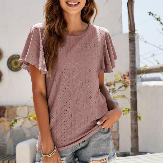 

Полая дышащая туника с круглым вырезом, футболка с рюшами и короткими рукавами, однотонный женский пуловер