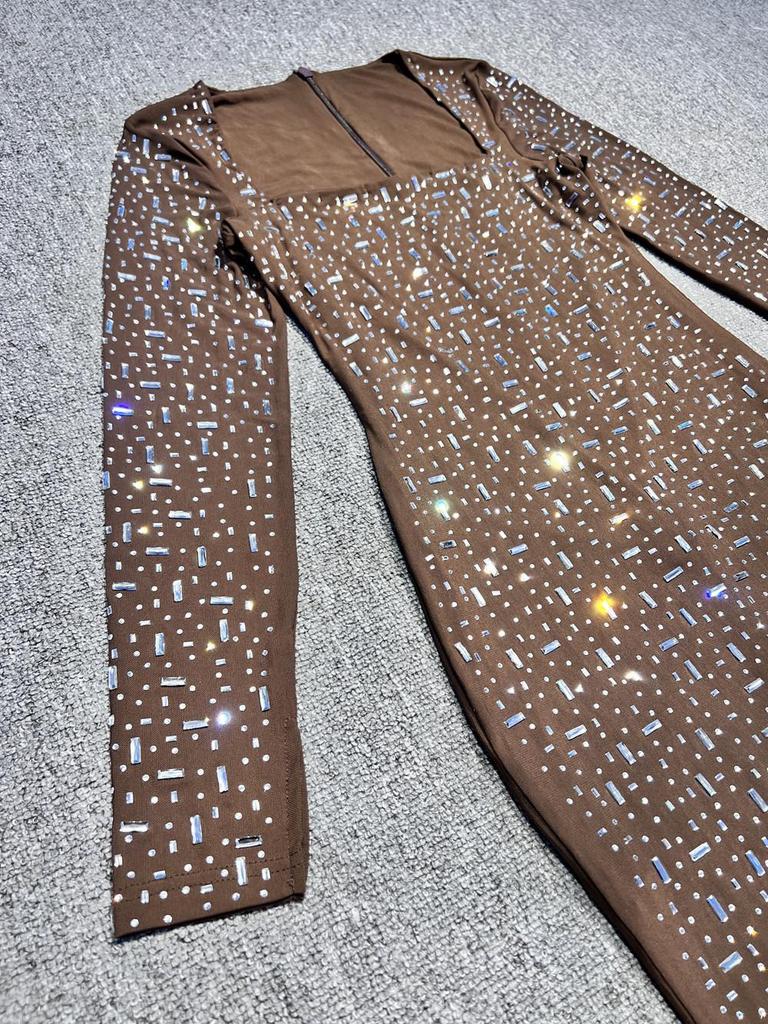 European & American Heavy Industry Rhinestone Sexy Slim-fit Long-sleeve See-through Evening Dress