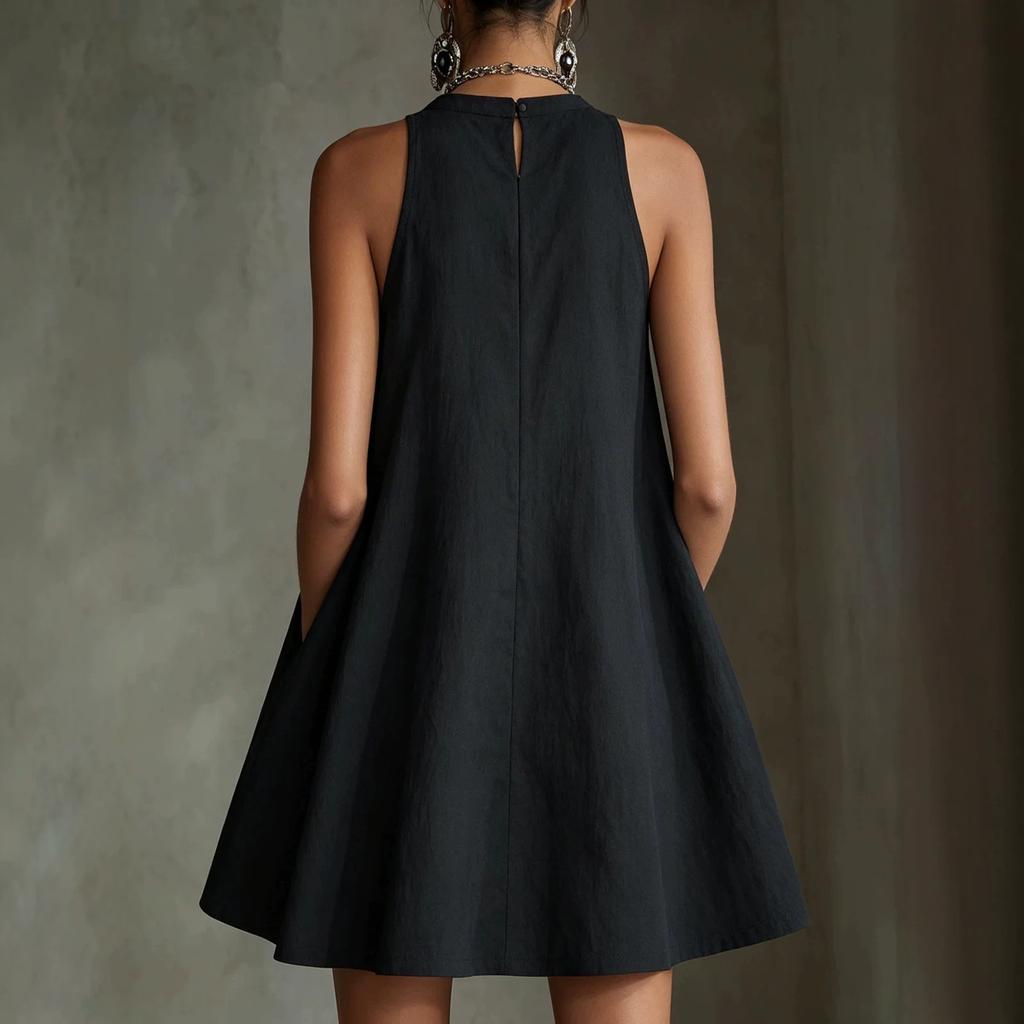Damen ärmellos Neckholder mit Blumenstickerei Etuikleid einfarbig lässig locker Minikleid