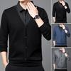 Men Fall Winter Sweater Lapel Sleeveless Single-breasted Solid Color Fake Two-piece Elastic Buttons Casual Striped Plus Size Mid Length Men