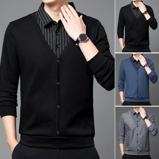 Herren Herbst Winter Pullover Revers ärmellos einreihig einfarbig gefälschte zweiteilige elastische Knöpfe lässig gestreift Plus Größe mittellange Herren