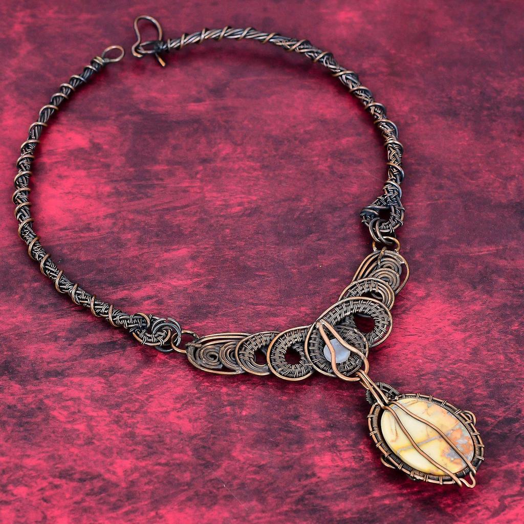 Maligano Jasper Necklace Copper Wire Wrapped Rainbow Moonstone Necklace Copper Jewelry Gemstone Necklace Gifts for Mom Handmade Wire Jewelry