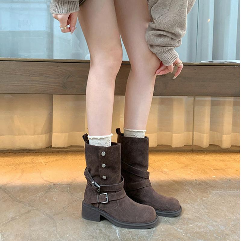 Fashion Edition~ Retro Maillard Belt Buckle Thick Heel Platform Short Boots Women's New Versatile Skinny Boots Knight Boots