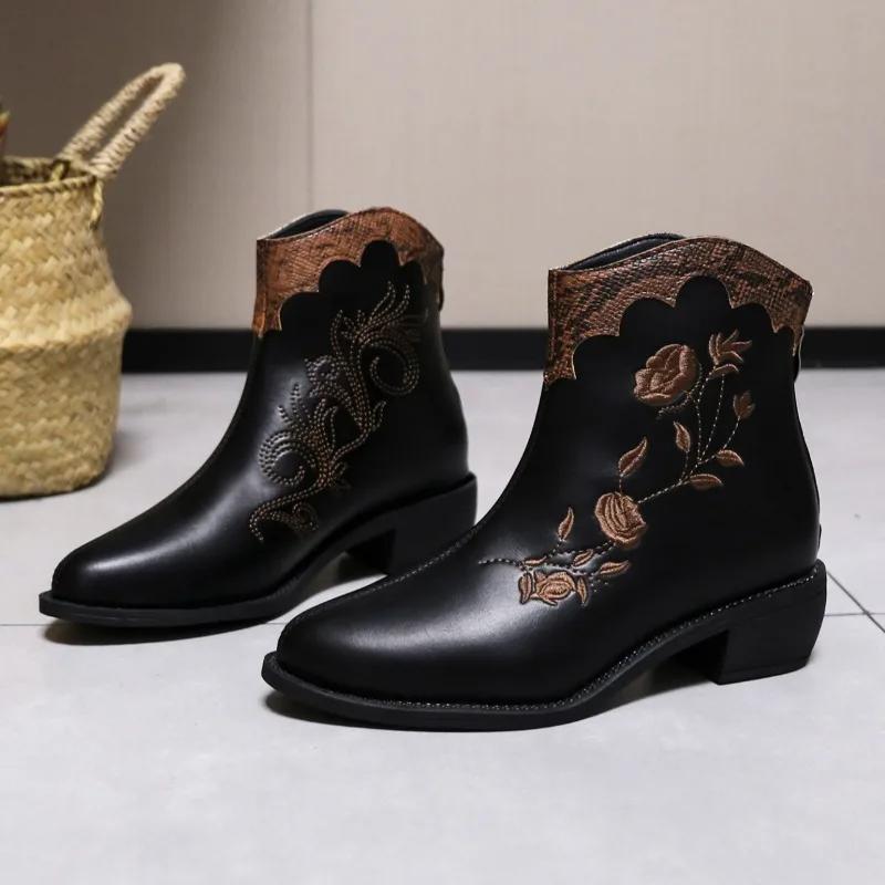 

Winter Ankle Square Heel Modern Boots Zip Pointed Toe Ladies Shoes on Sale 2025 New Mid Heel Solid Embroider Women s Boots 42