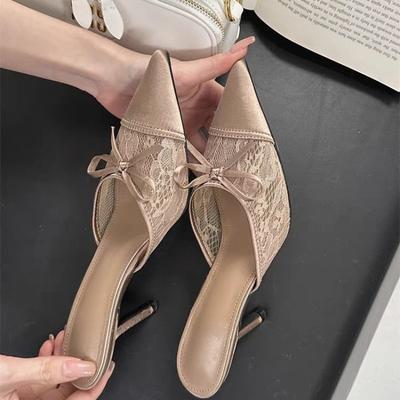 Fashion New Elegant Mesh Fabric Butterfly-knot Pointed Toe Slippers Women Sexy Thin Heels Party Prom Mule Shoes