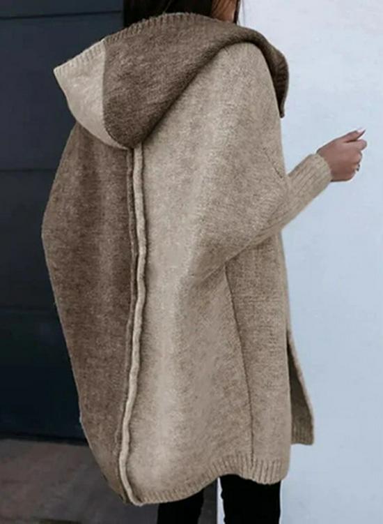 Color Block Hooded Knit Cardigan - Women's Mid-Length Outerwear for Autumn/Winter 2025