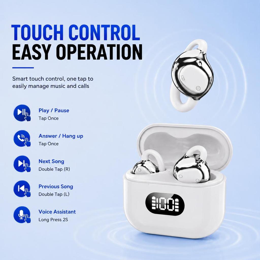 Clip-On Open Ear Air Conduction Earbuds Bluetooth 6.0 Touch Control Digital Display Charging Case Sports Gaming Earphones for iOS Android