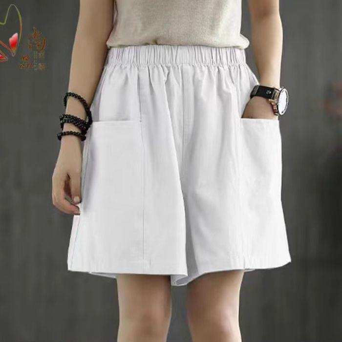 Women's Cotton Pocket Shorts - Summer Casual, Wide-Leg, Elastic Waist, Plus Size, Five-Point Length
