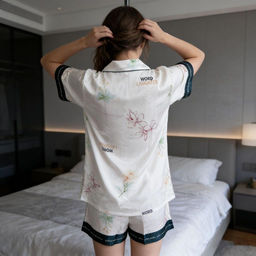 Summer New Ice Silk Pajama Set for Women, Light Luxury Floral Print Short-sleeved Short Pants, High-end Style, Can Be Worn Outside.
