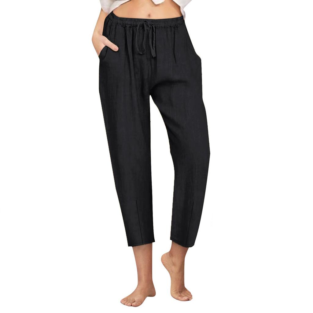 Women's Casual Straight Pants Solid Color Casual 9 Points Pants With Pockets