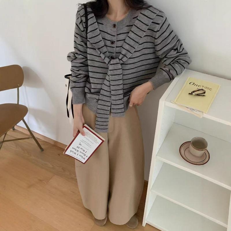 Fake Two-piece Striped Knitted Cardigan for Women's Autumn and Winter New Design Sense Casual Loose Sweater Jacket for Women