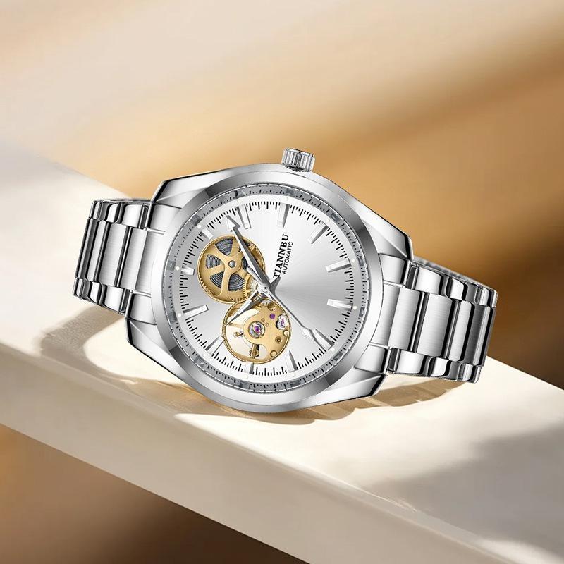 Gold Automatic Mechanical Watch for Men Luxury Skeleton Stainless Steel Waterproof Luminous Business Dress Wristwatch