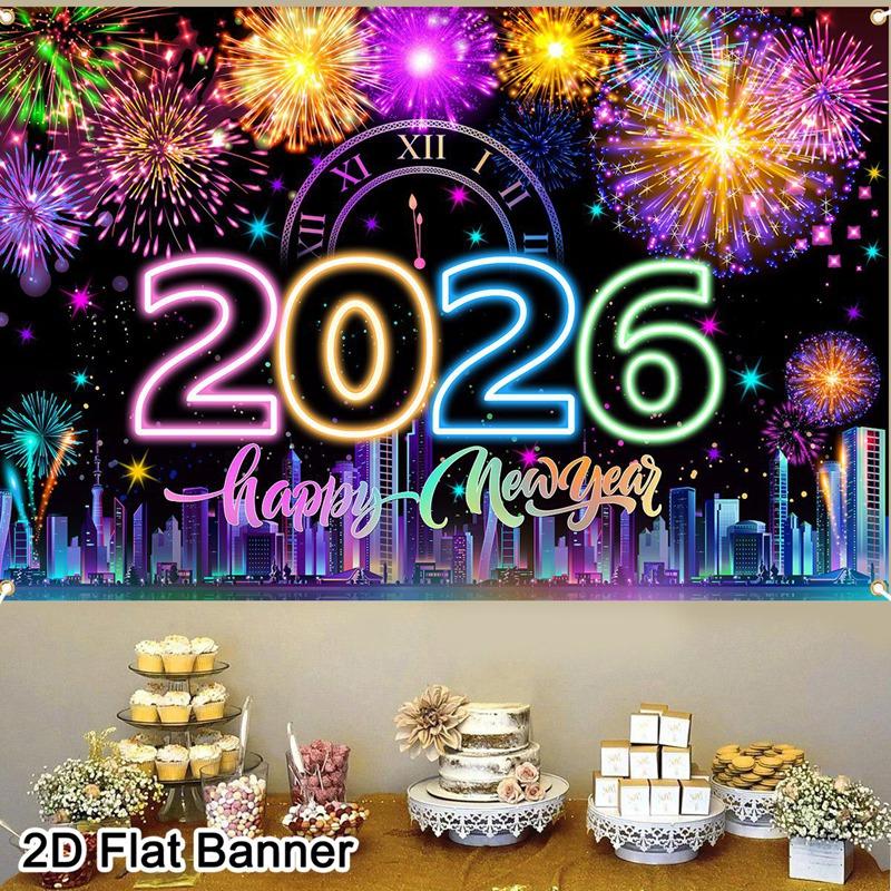 2026 Happy New Year Backdrop Banner Fireworks Champagne New Year Celebrations Christmas Party Photo Background Decoration Banner