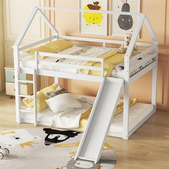 Stable Base Bunk Bed with Ladder Slide Falling Protection House Bed Strong Load Bearing Double Bed Solid Structure Wood Frame Family Loft Bed Bedroom