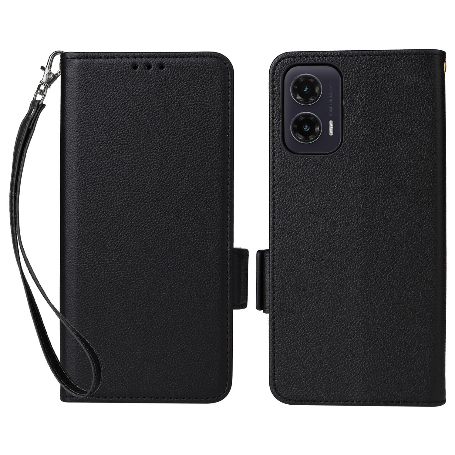 

For Motorola Moto G35 5G Case with Wrist Strap Litchi Texture PU Leather Wallet Phone Cover Black