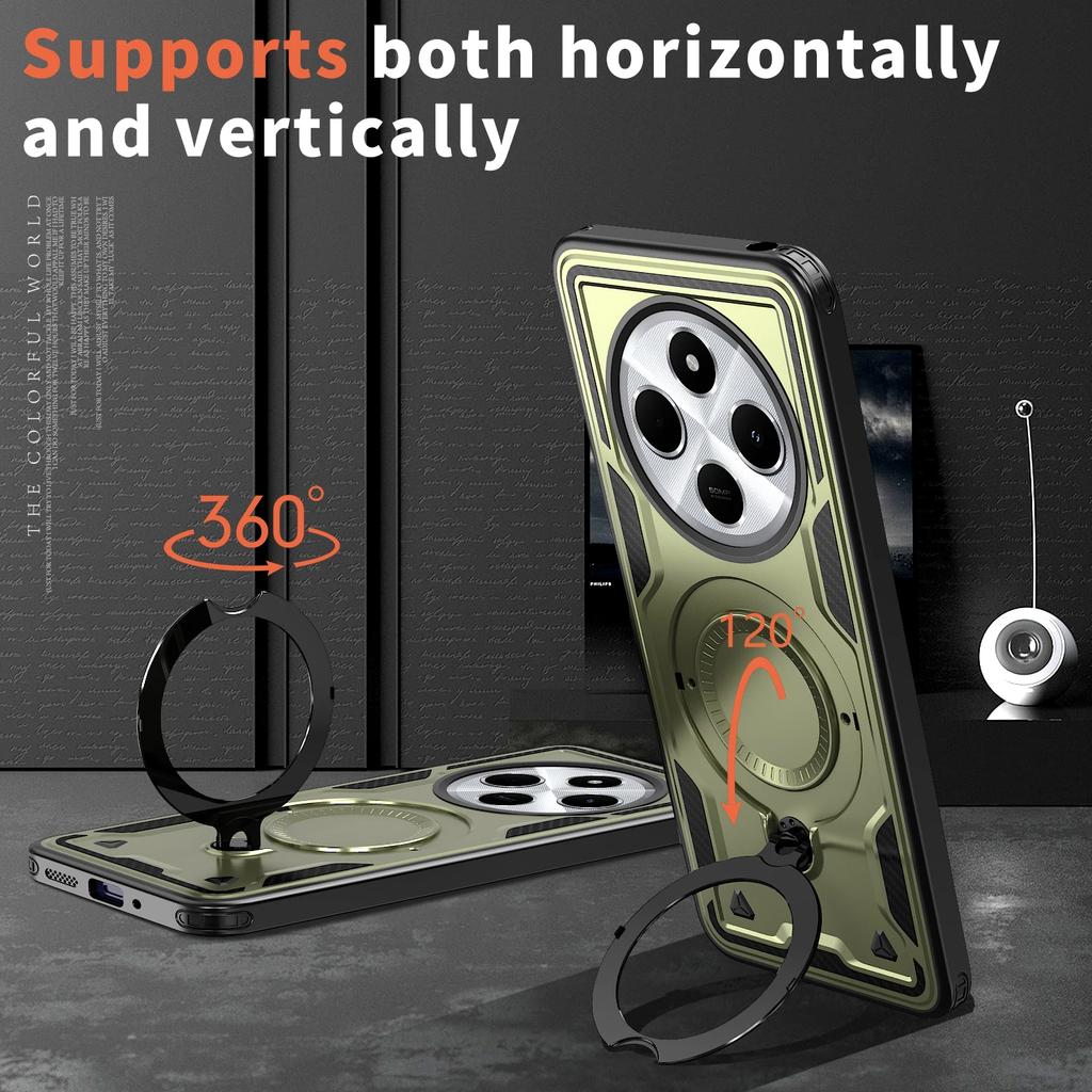 For Xiaomi Redmi 14C Case Military Armor Shockproof 360° Rotating Magnetic Metal Ring Stand TPU Frame Plastic Phone Cover Fundas