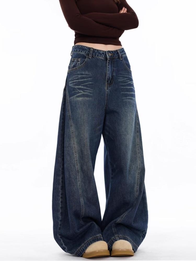 Japanische Mode Vintage Schwarz Patchwork Baggy Damen Jeans Hose Weiter Bein Damen Kleidung Lässig Baumwolle Denim Hose