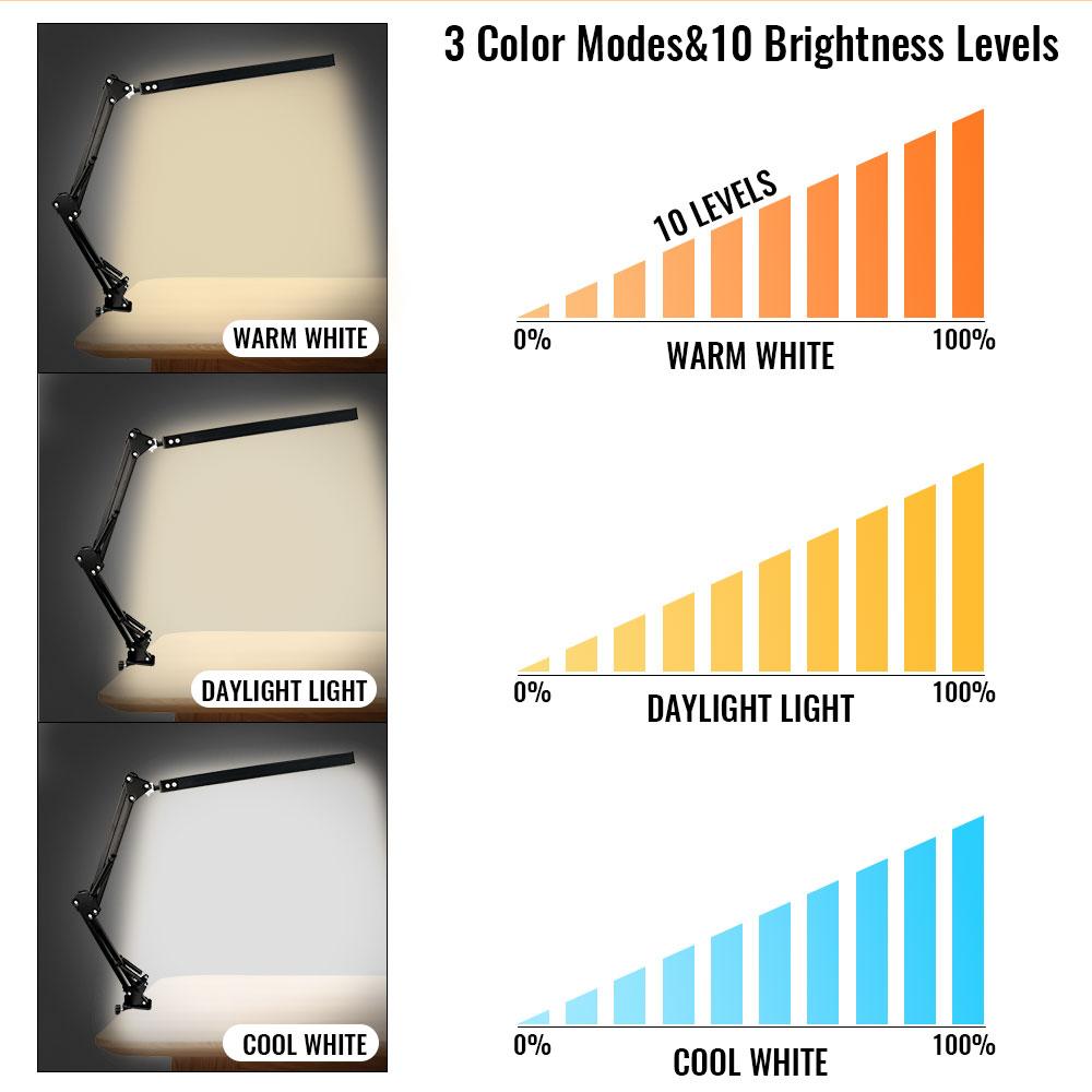 LED Desk Lamp With Clamp 10W Adjustable Swing Arm 3 Lighting Modes 10 Brightness Levels Eye-Caring For Office/Study/Reading