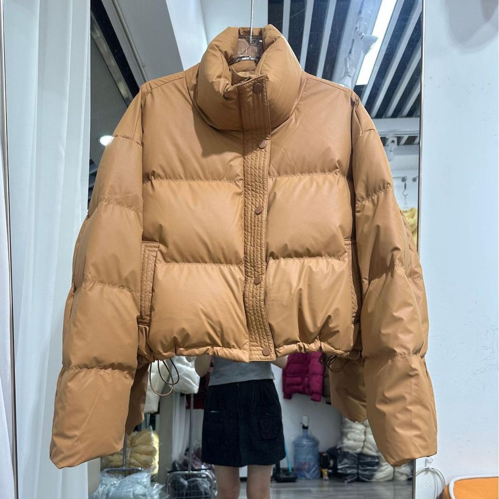 White duck down casual versatile new PU leather noodle down jacket for women, comfortable and warm, petite size oversized jacket for cold protection