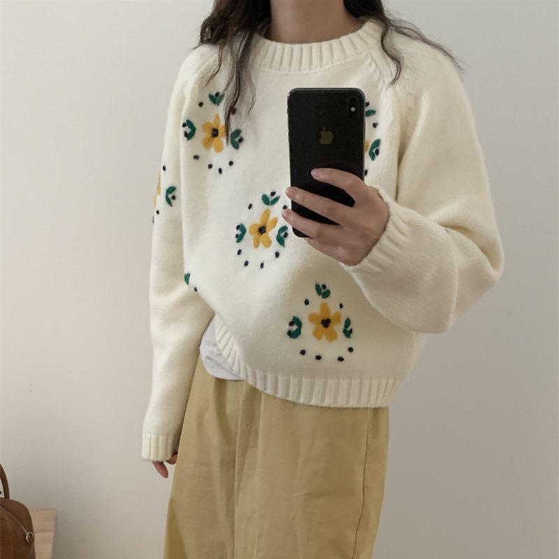 Autumn/Winter Yellow Floral 3D Embroidered Pullover Sweater - Women’s Lazy Style Knitwear