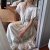 Designer Brand Spring Acetate Ruffle Tie-Up Dress, Celebrity V-Neck Style