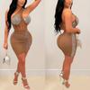 C6307 European & American Fashion Women's Solid Color Mesh Asymmetrical Neck Sleeveless Dress