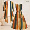 Women Plus Size Two Piece Set 3 4 Sleeve Open Front Cardigan Sleeveless Striped Printed Tie Waist Flared Dress