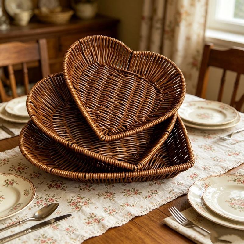 Heart-Shaped Woven Storage Basket Multi-Uses Simulation Rattan Desktop Baskets For Bread Fruit Restaurant Serving Display Basket