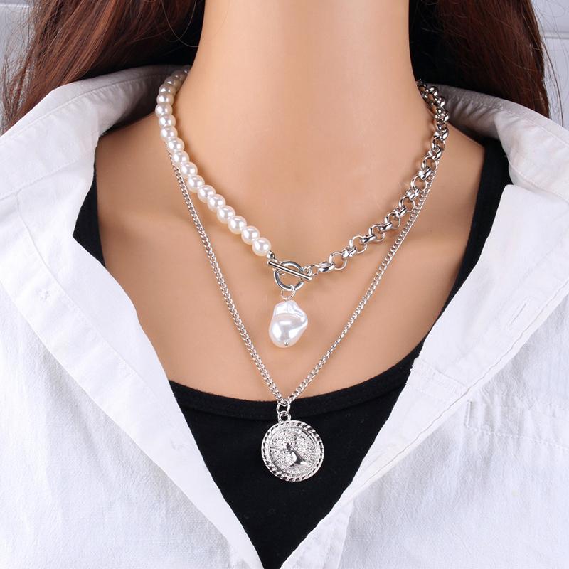 Fashion Chain Pearl Necklace For Women Baroque Pearl Metal Charm Pendant Necklaces Choker Snake Chain Zircon Gold Copper Color