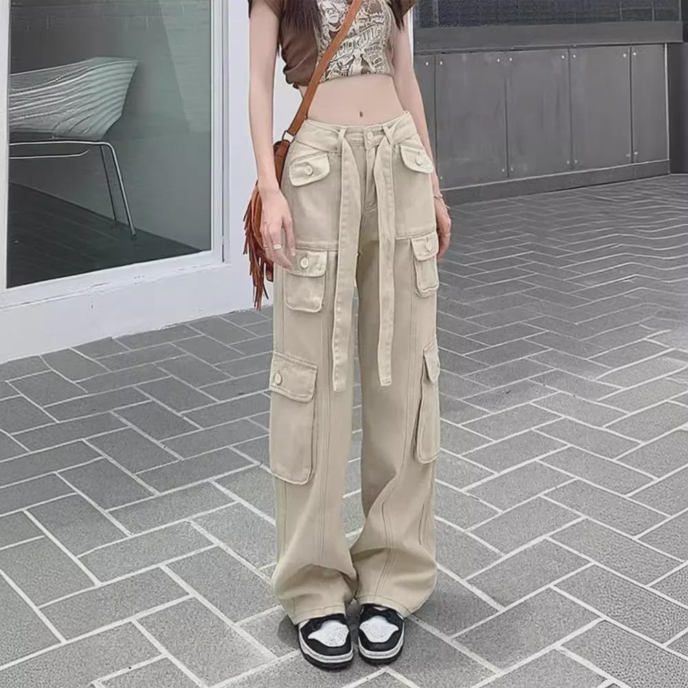 2024 Women's Retro Multi-Pocket Distressed Work Pants: Street-Style Slimming Straight Leg Long Trousers