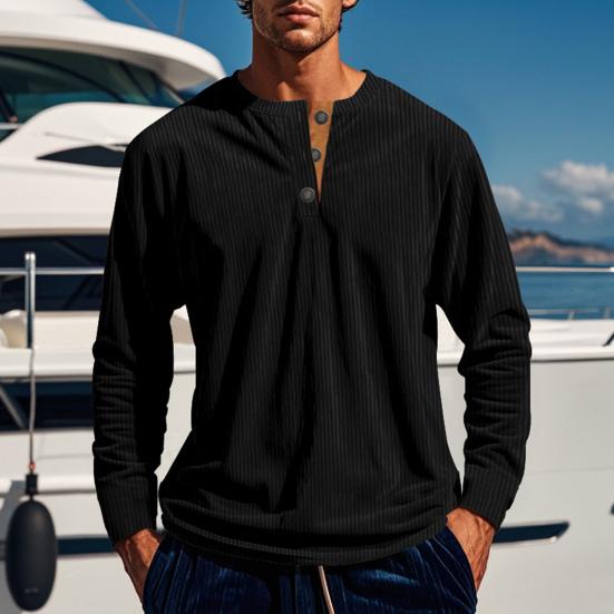 Men Long Sleeve T-Shirt Corduroy Solid Color Spring And Autumn T-Shirt Casual Henry Collar Slim Fit Tee for Daily Wear Travel Office