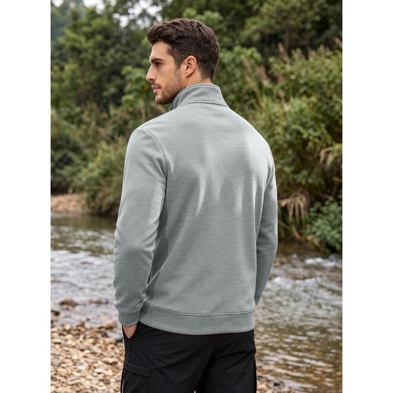 Men's Stand Collar Fleece Lined Zip Jacket Side Pockets Outdoor Casual Top.