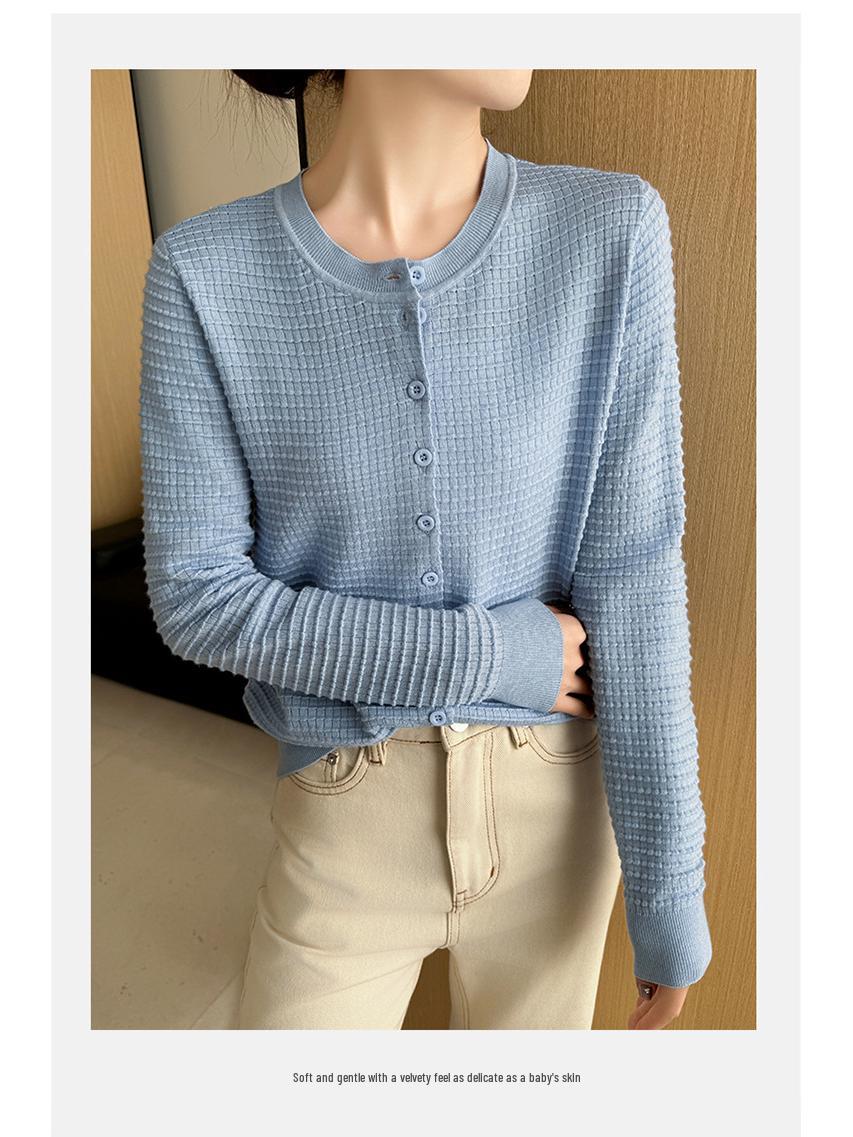 

Женский весенне-летний свитер-жакет из вафельного трикотажа свободного плетения из шерсти и шелка с круглым вырезом Large