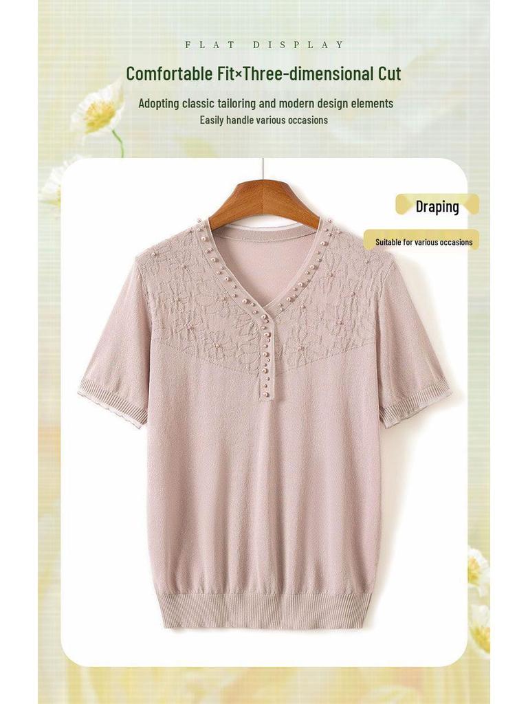 Mom's Summer Ice Silk V-Neck Short-Sleeve T-Shirt for Middle-Aged & Elderly Women - Loose Plus Size Top Set