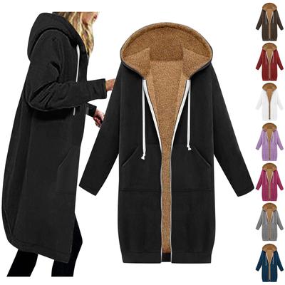 Women's Fashion Casual Solid Color Compound Fleece Sweater Medium Long Casual Hoodie Coat