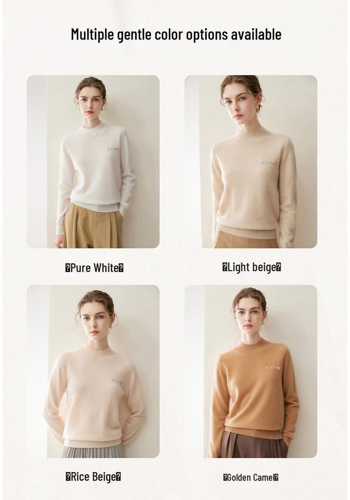 Women's Pure Cashmere Half-High Neck Embroidered Sweater - Loose Fit Knitwear for Autumn/Winter