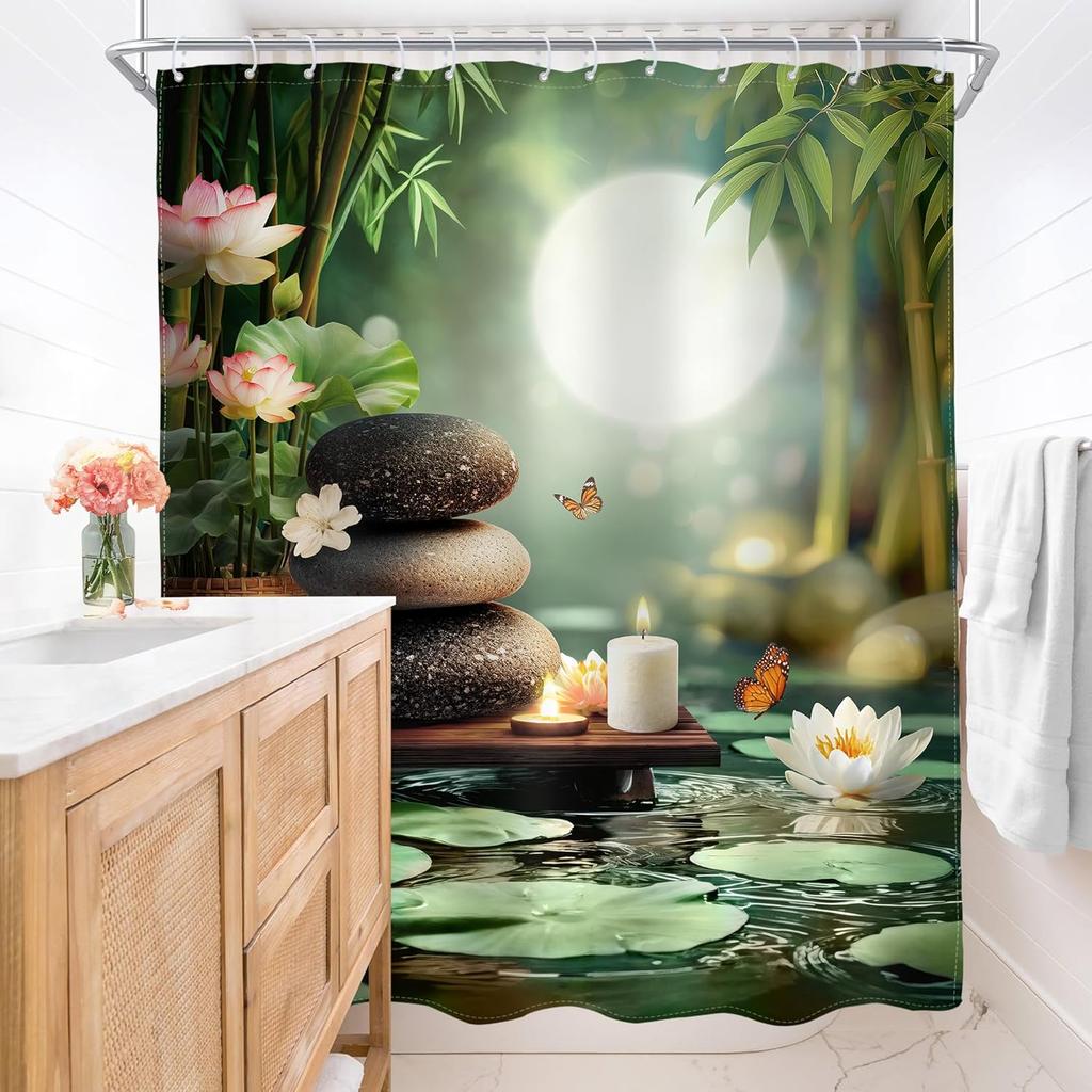 Cortina de Ducha de Bambú Zen con Ganchos – Diseño Spa de Loto, Luna y Piedra, Decoración Relajante de Baño para Meditación