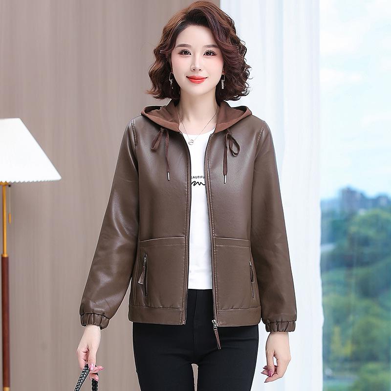 Wiosna/Jesień 2025 Damski Krótki Płaszcz z Kapturkiem ze Skóry PU - Stylowa Kurtka na Zamek dla Młodych Mam.