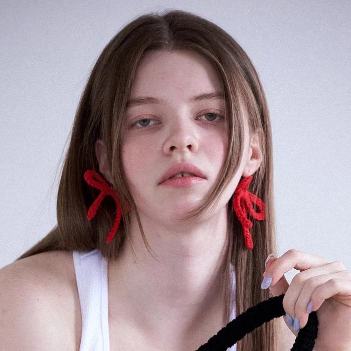 No.201 / Ribbon Crochet Earrings (Silver 925) _ Red