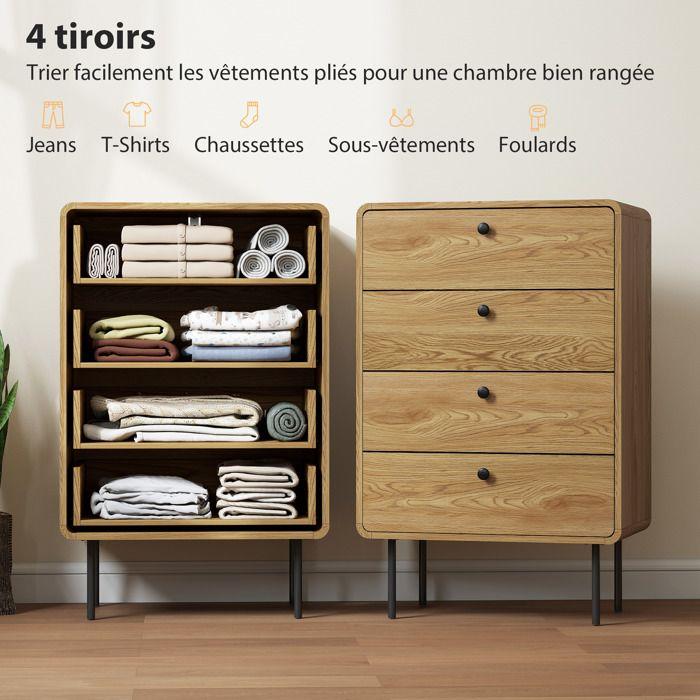 Commode - HOMCOM - 4 tiroirs - pieds en acier, coins arrondis - panneau de particules et MDF - 60 x 39 x 91,5 cm - chêne
