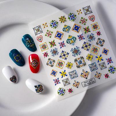 Bohemian Ethnic 5D Waterproof Nail Stickers - Colorful Embossed Design with Adhesive Back