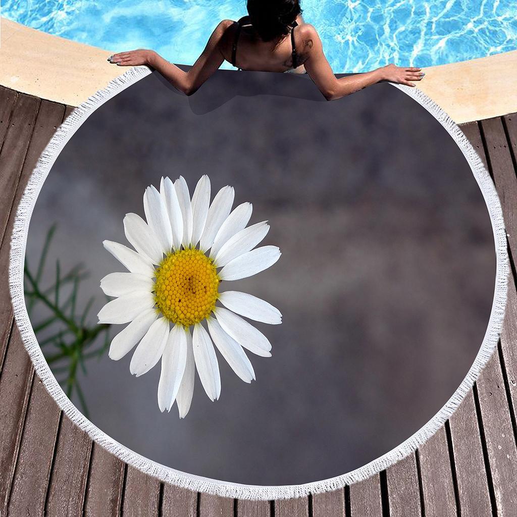 Floral Daisy Round Beach Towel,Microfiber Beach Blanket Sand Free Quick Dry Swim Pool Bath Circle Towel with Tassel for Teen Men